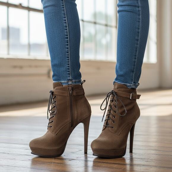 Aldo Olive Ankle Heel Boots Platform 5" heels with 1"front Leather Sz 6.5 - Picture 1 of 9